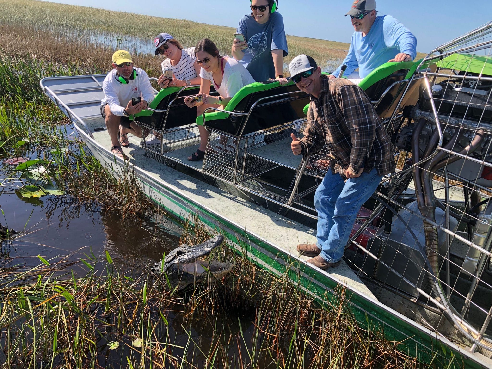 Guests on an Everglades airboat tour taking photos of an alligator in the water, surrounded by Florida marshlands