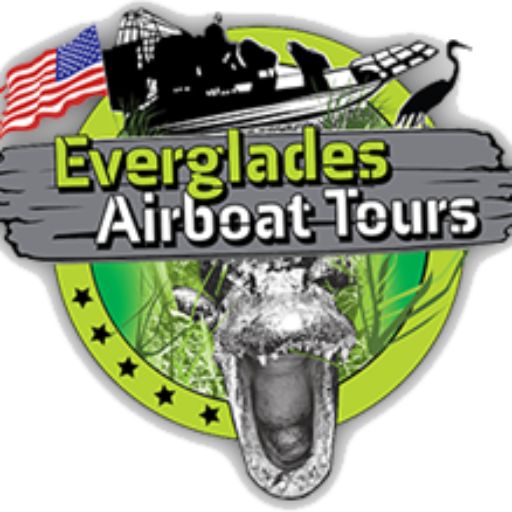 Official logo of Everglades Airboat Tours featuring an airboat, American flag, wildlife, and the Everglades landscape