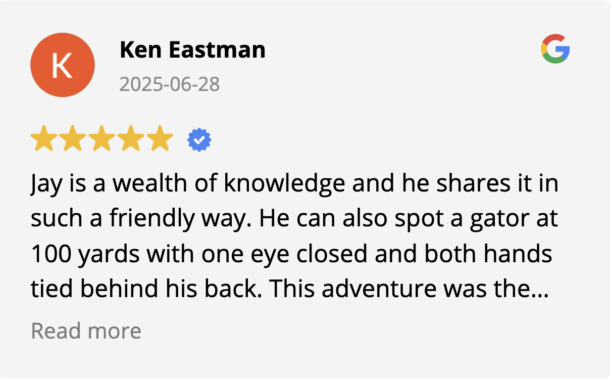 Ken Eastman describes a fun, informative Everglades tour with guide Jay in a 5-star Google review